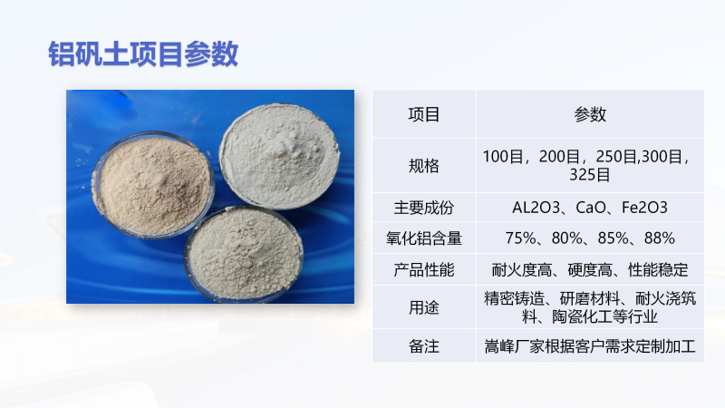 高礬土熟料|細(xì)粉|骨料|耐火材料|精密鑄造|澆筑料用鋁礬土廠家項(xiàng)目參數(shù)圖 高礬土熟料|細(xì)粉|骨料|耐火材料|精密鑄造|澆筑料用鋁礬土廠家項(xiàng)目參數(shù)圖